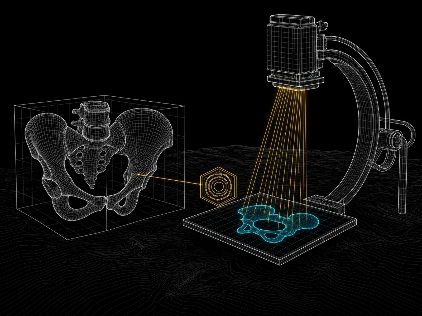 A wireframe pelvis CT inside its integer cube, a C-arm, exact gold rays through the bone landing on the detector as a cyan silhouette, a hexagonal certificate seal.