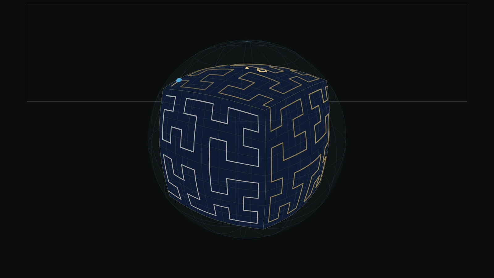 The cube inflating into its sphere, its six faces walked by one Gray metacurve from gold to white, the current cell marked in cyan.