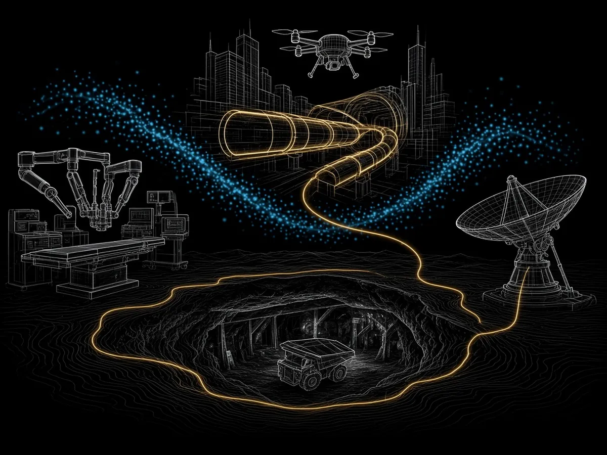 Four scenes in one drawing: a surgical robot, a drone corridor over wireframe towers, an underground mine, a radar dish. A blurred cloud of points against sharp gold outlines.