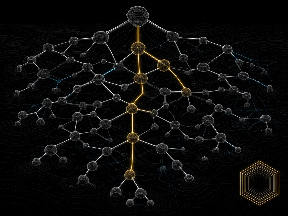 A proof tree drawn as a wireframe lattice, the verified path in gold, a hexagonal seal in the corner.