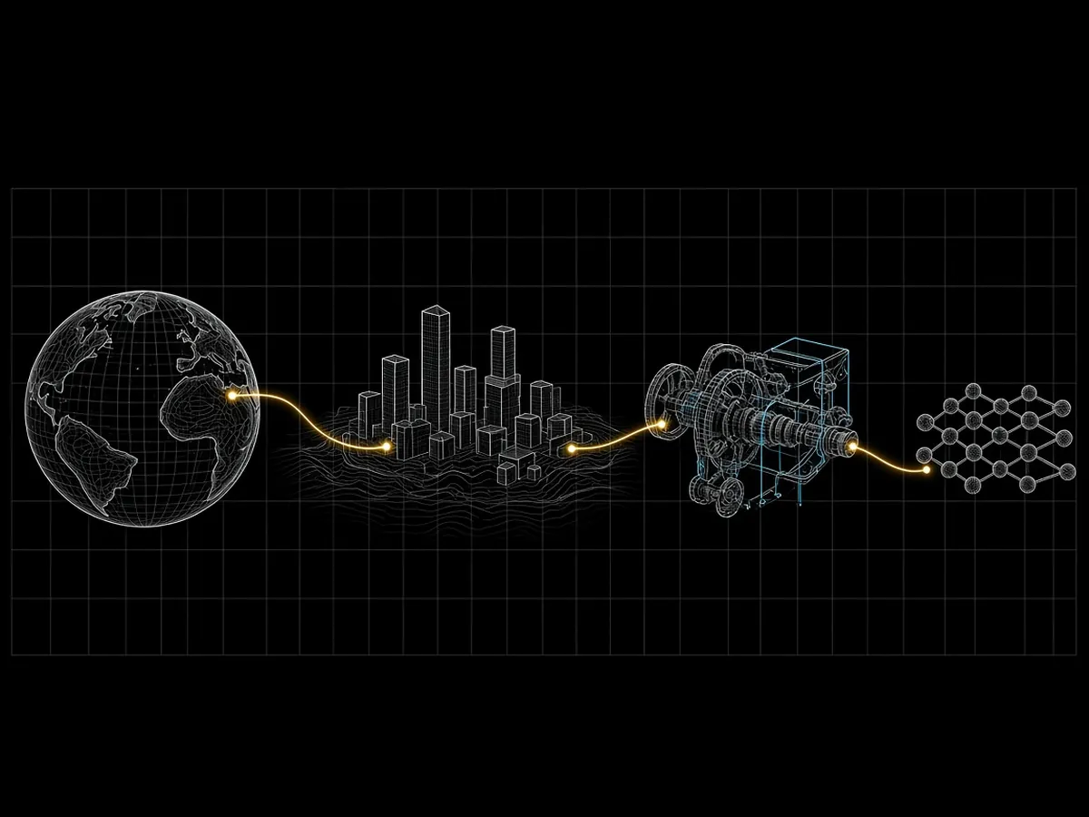 A world model across scales: a wireframe planet, a city of exact solids, a mechanical part, a molecular lattice, linked by one gold curve.