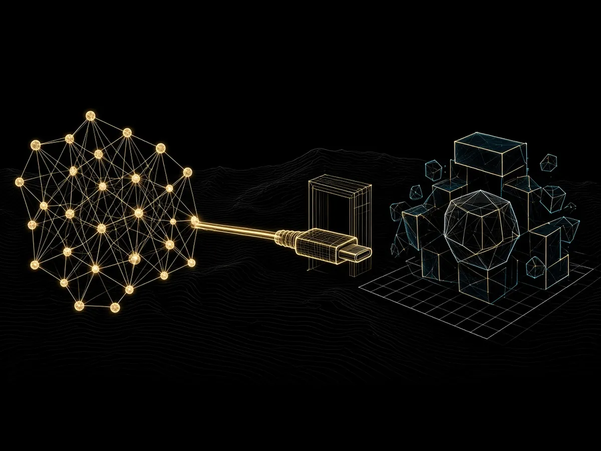 A neural constellation plugged by one gold cable into a compact engine of exact polyhedra on an integer grid.