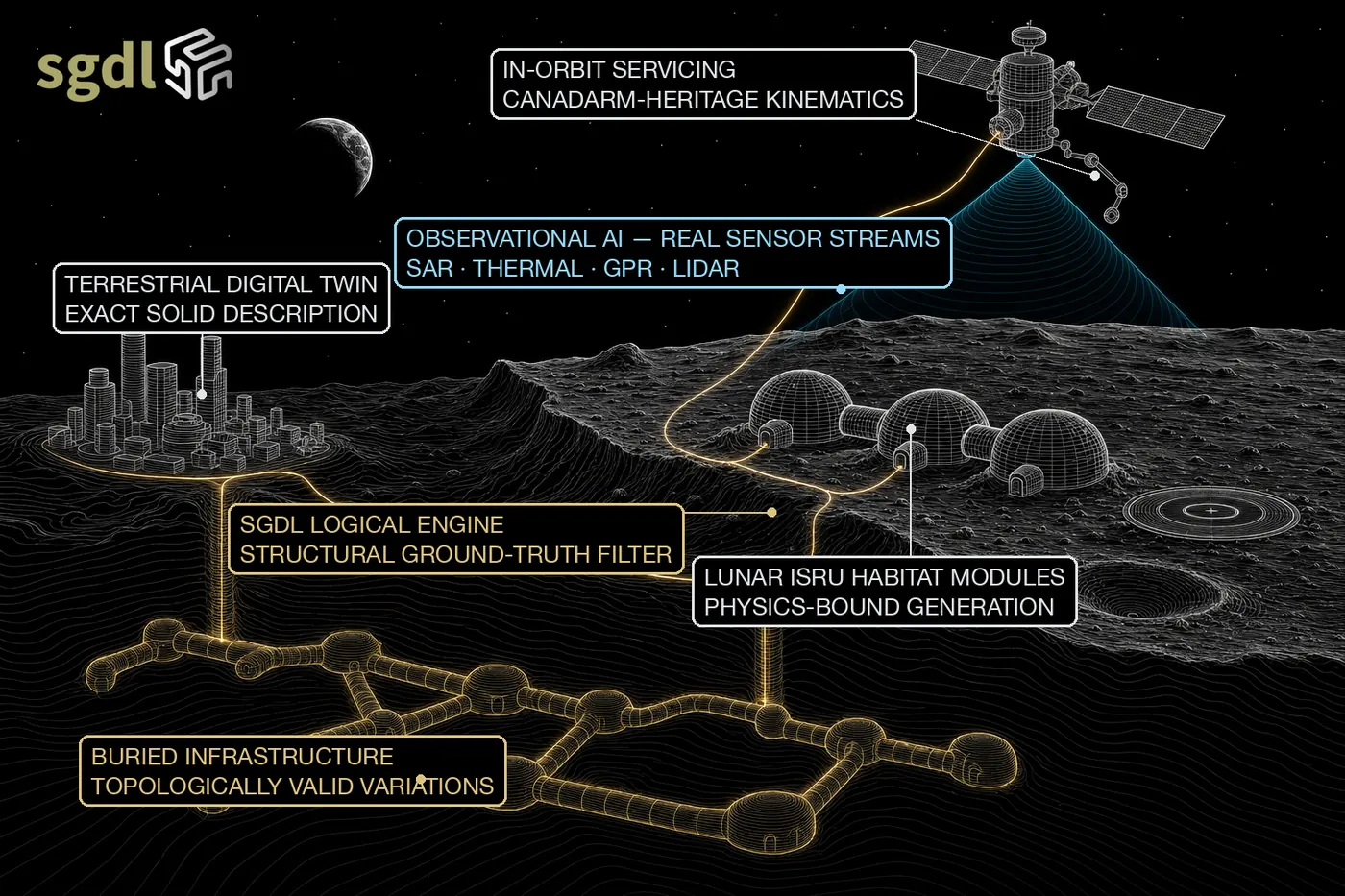 A terrestrial twin, buried infrastructure, lunar habitats and a satellite in one exact scene.