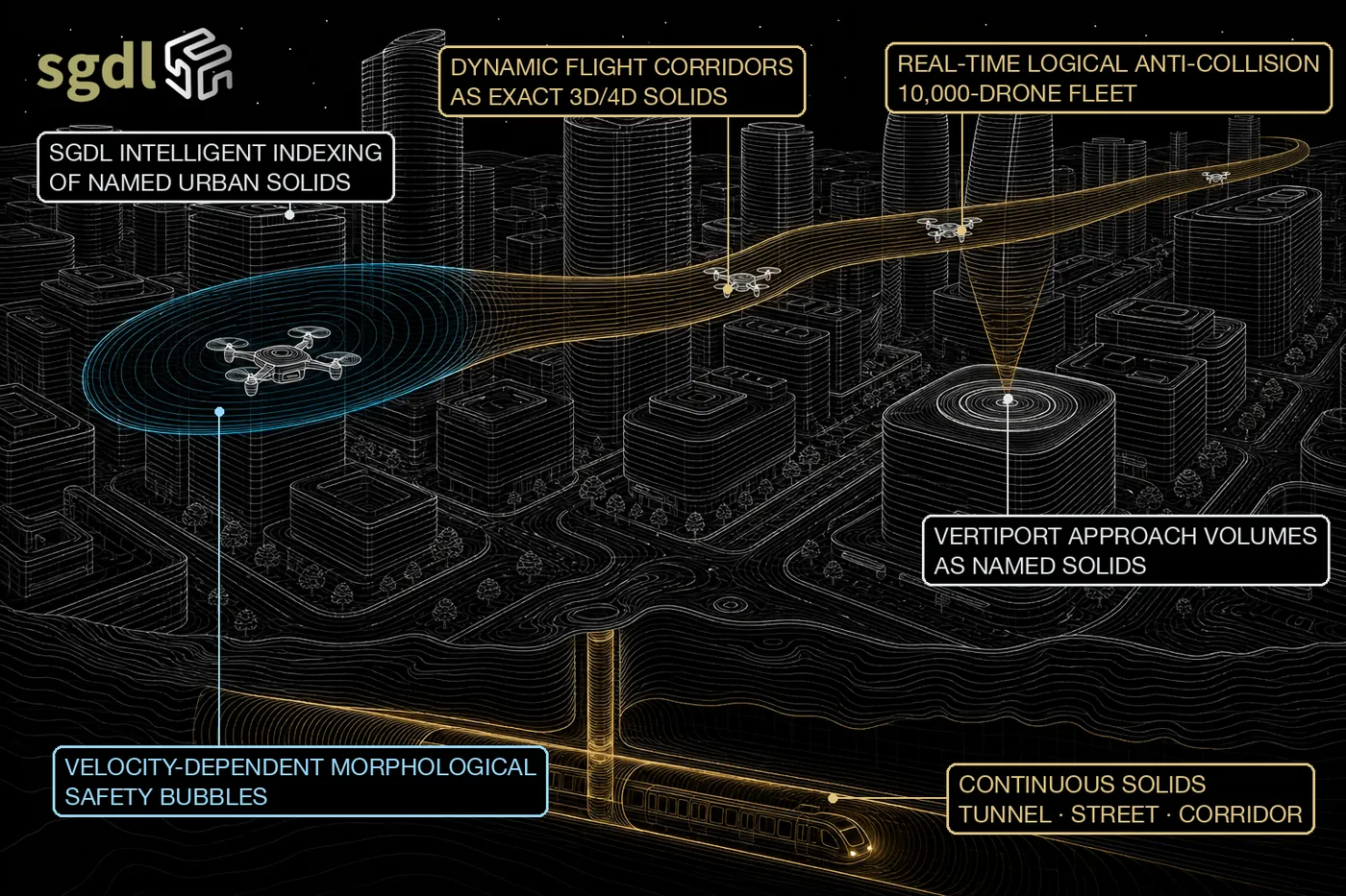 Flight corridors and safety volumes drawn as exact solids over a wireframe city.